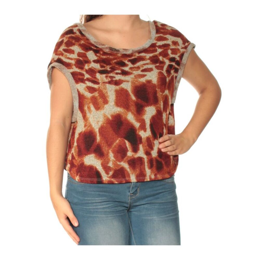 COCOLOVE Womens Brown Animal Print Cap Sleeve Boat Neck Top Size: S